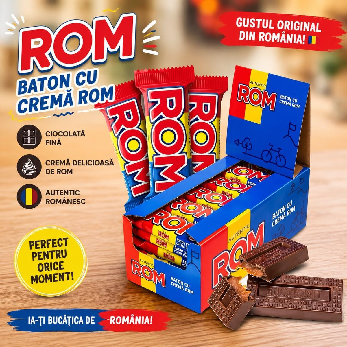 ROM Authentic Chocolate Bar with Rum Cream Filling, 36 Pieces, Romanian Chocolate Bars