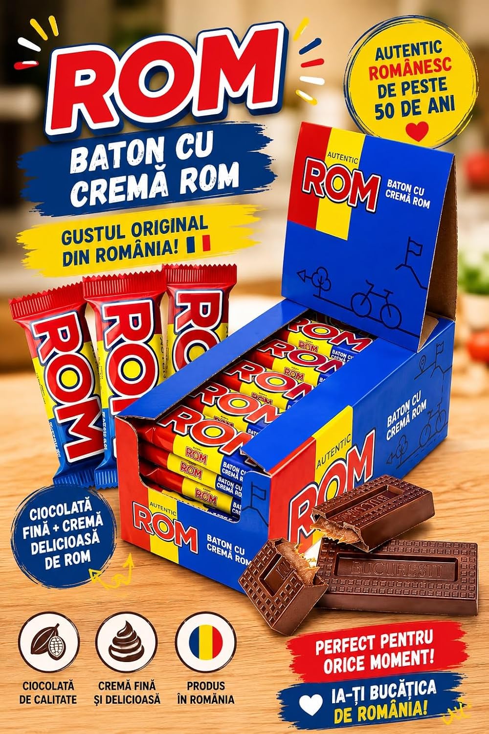 ROM Authentic Chocolate Bar with Rum Cream Filling, 36 Pieces, Romanian Chocolate Bars